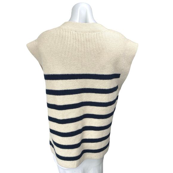 Zara Beige Black Ribbed Knit Striped Drop Short Sleeve Crew Neck Sweater Top S - Picture 2 of 4